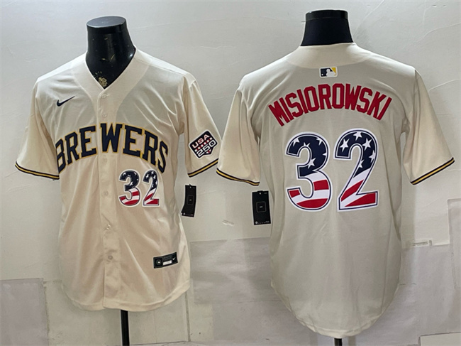 Men's Milwaukee Brewers #32 Jacob Misiorowski Cream 2026 USA 250 Fourth of July Home Stadium Stitched Baseball Jersey